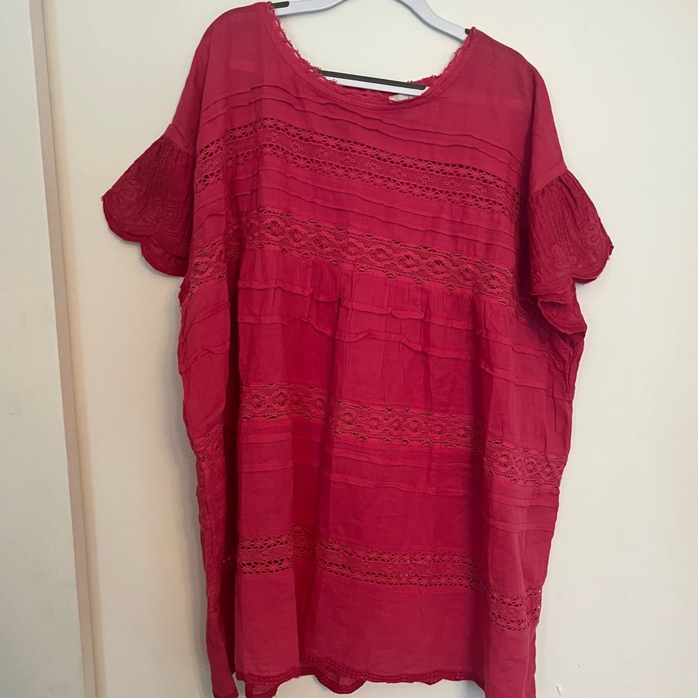 Sundance Pink Eyelet Lace Blouse 100% Cotton Women’s Large Unlined Short Sleeve